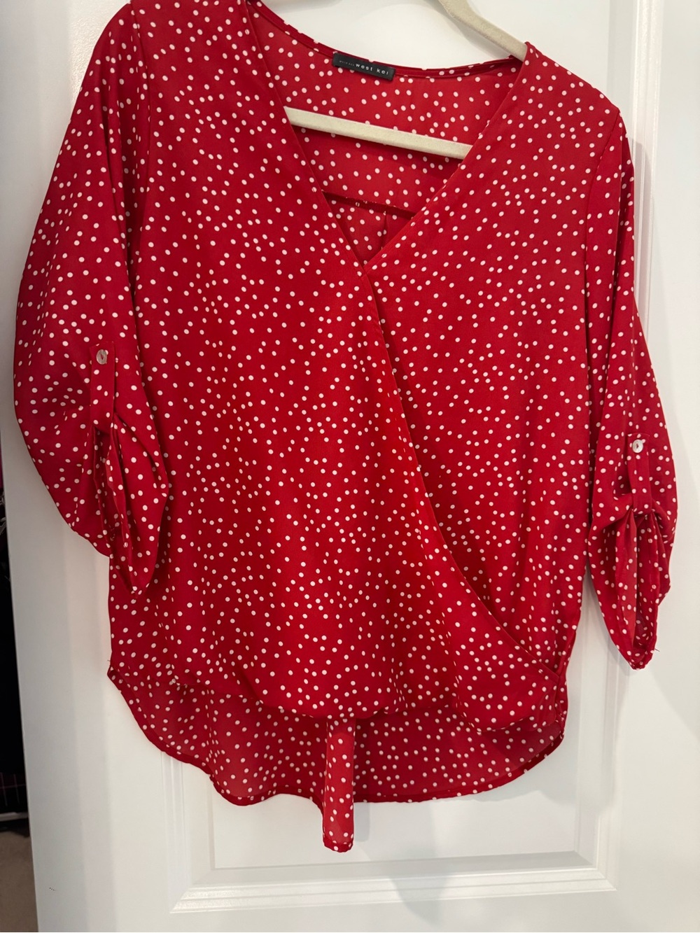 West Kei Red Polka Dot Wrap-Front Blouse